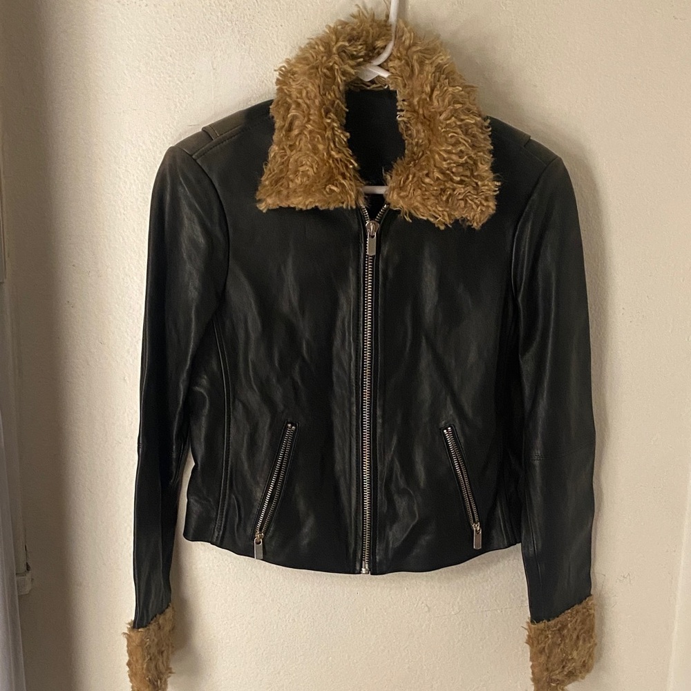 Black Leather Jacket with Tan Faux-Shearling Collar and Cuffs